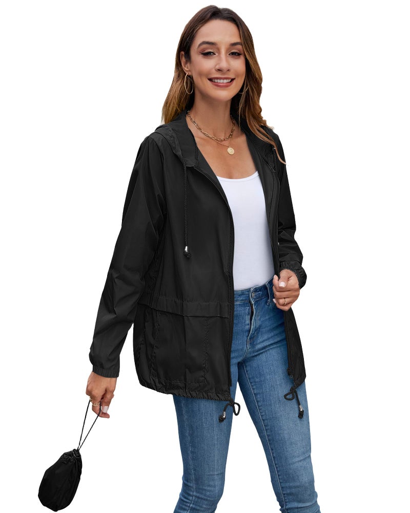 Hount Women's Lightweight Travel Trench Raincoat Hoodie Waterproof Hiking Packable Rain Jacket (L, Black) - Image 3